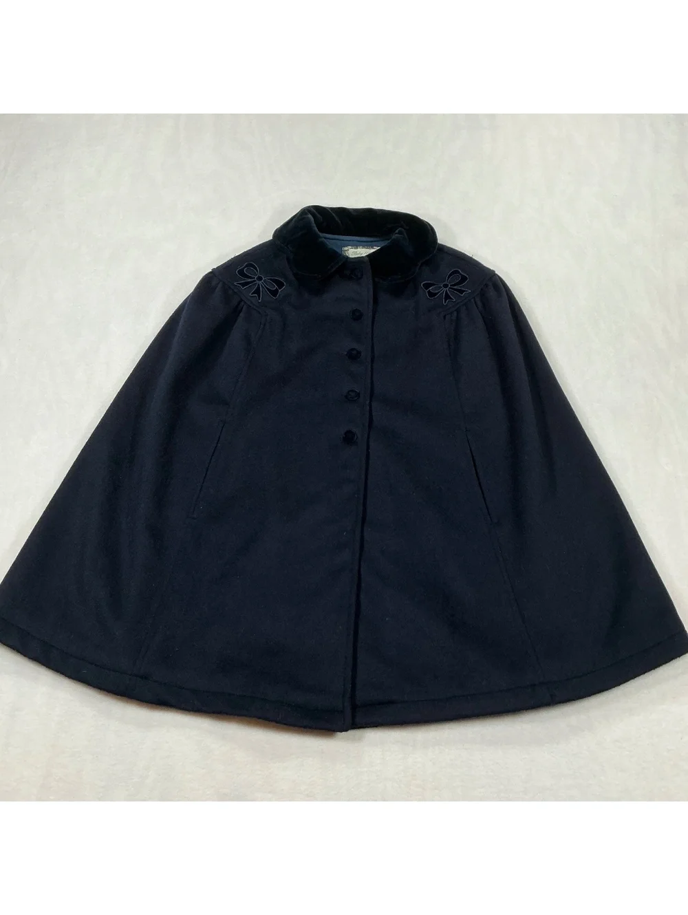 Baby Magil Navy Blue Wool Blend Cape Coat with Velvet Collar and Bow Detail Size